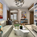 Modern Living Room Interior With Beige Sofa Colorful Pillows Wooden TV Wall And Decorative Paintings