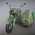 Green Vintage Motorcycle With Rustic Sidecar And Classic Retro Design Elements 3d model