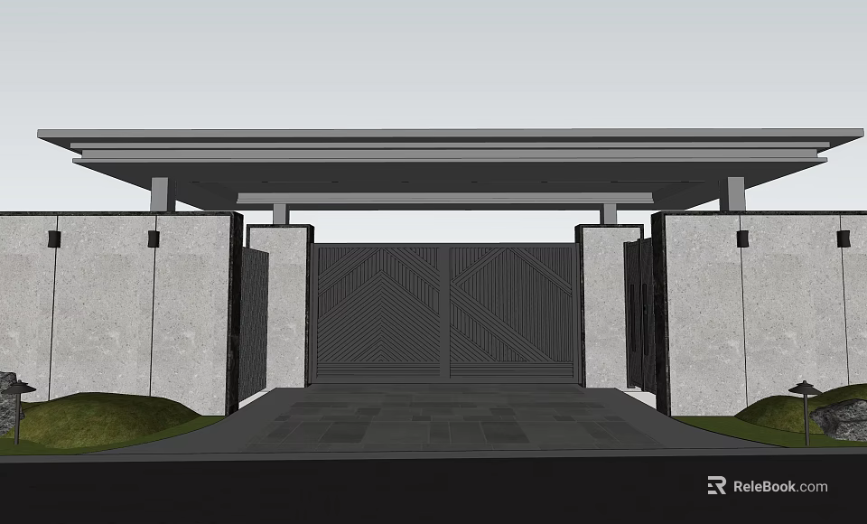 Garden Landscape Entrance Gate With Gray Walls Overhead Structure And Greenery 3d model 