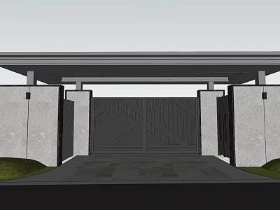 Garden Landscape Entrance Gate With Gray Walls Overhead Structure And Greenery 3d model
