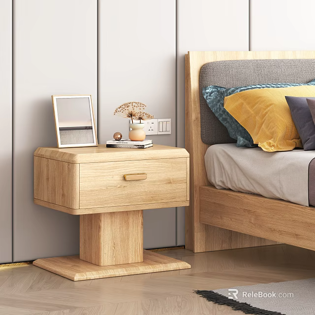 Wooden Bedside Table Next to Bed With Photo Frame Dried Flowers And Mug On Top 3d model 