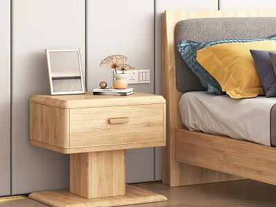 Wooden Bedside Table Next to Bed With Photo Frame Dried Flowers And Mug On Top 3d model