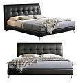 Modern Black Leather Double Bed With Button Tufted Headboard Gray Bedding And Plaid Blanket 3d model