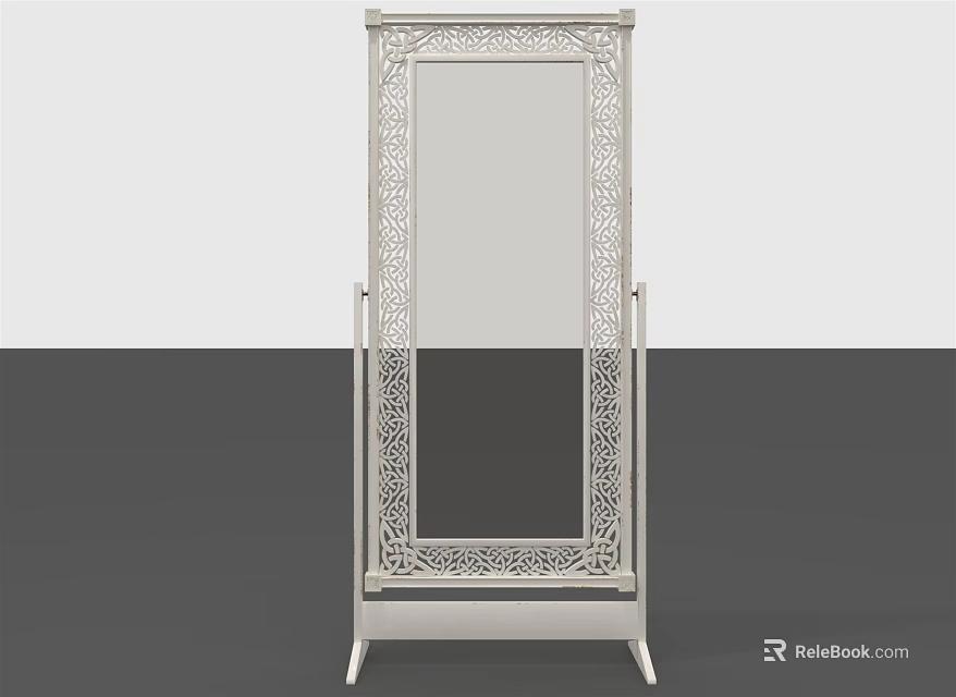 Elegant Free Standing Full Length Mirror With Carved White Frame Design 3d model 