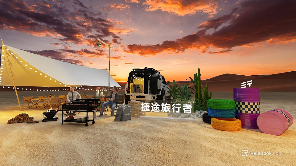 Scenic Desert Garden Landscape With Sunset Tent Camping Tables Chairs And Tires 3d model 