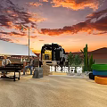 Scenic Desert Garden Landscape With Sunset Tent Camping Tables Chairs And Tires