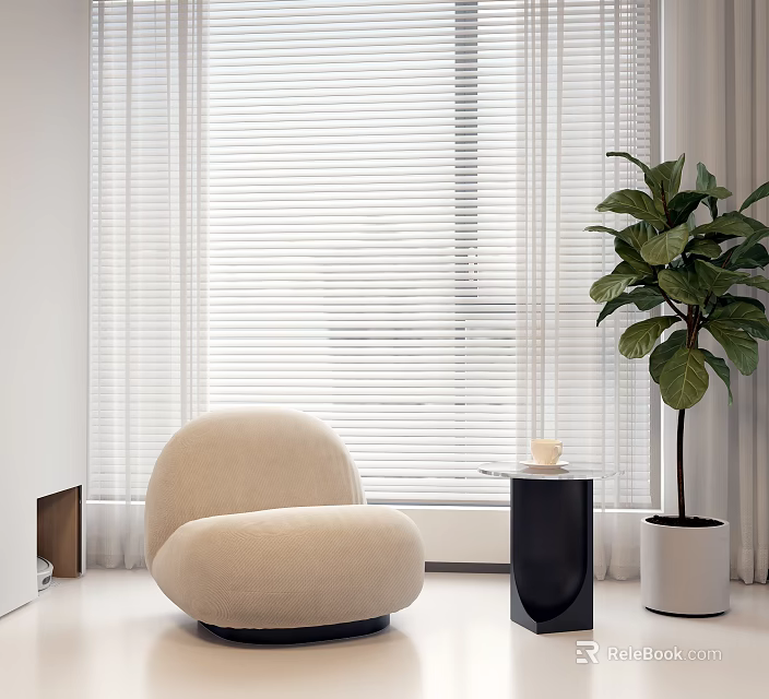 Light Colored Single Sofa By Black Side Table White Cup Window Blinds And Green Plant 3d model