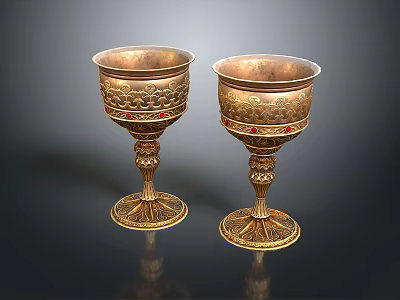 Sculpture Carving on Golden Goblets Featuring Intricate Patterns Red Gemstone Inlays and Ornate Stems 3d model