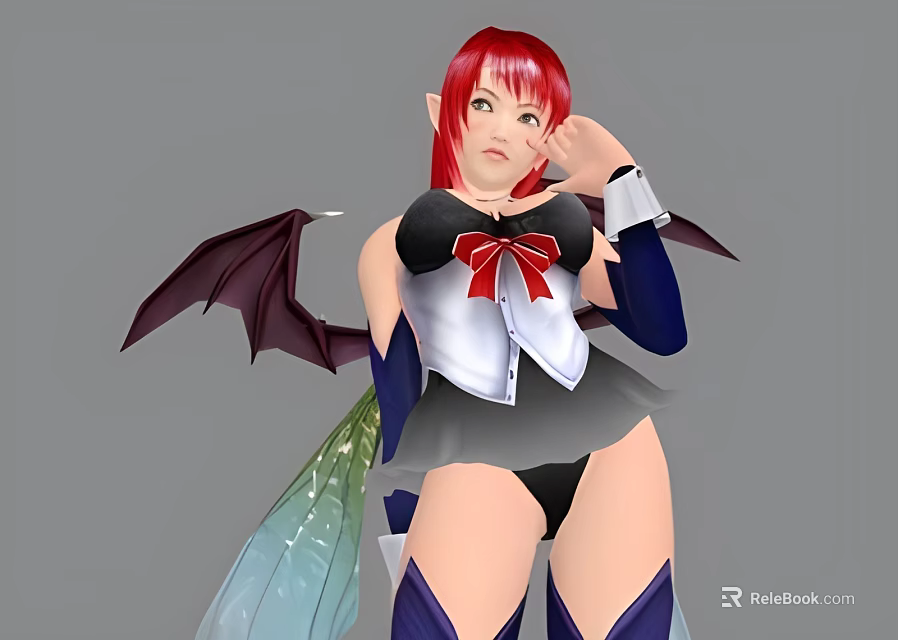 Game Movie Character With Red Hair Bat Wings Black White Outfit Red Bow And Purple Stockings 3d model 