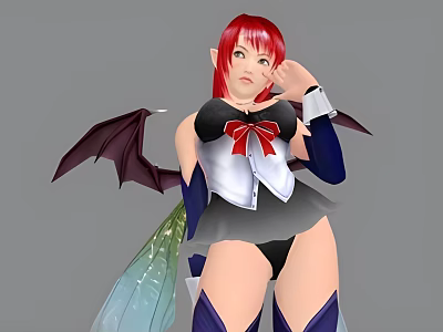 Game Movie Character With Red Hair Bat Wings Black White Outfit Red Bow And Purple Stockings 3d model