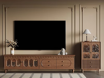 Elegant Living Room TV Area With Decorative Wall Panels Wooden Stand Lamp And Vase 3d model