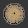 Traditional Circular Bullring With Seating Areas Red Decorations And Central Fighting Arena