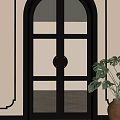 Black Arched Double Doors With Pleated Glass And Round Handle In Interior With Green Plant