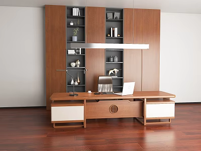 Modern Office Interior With Walnut Wooden Shelves Desk Laptop Decorative Items And Wooden Flooring 3d model