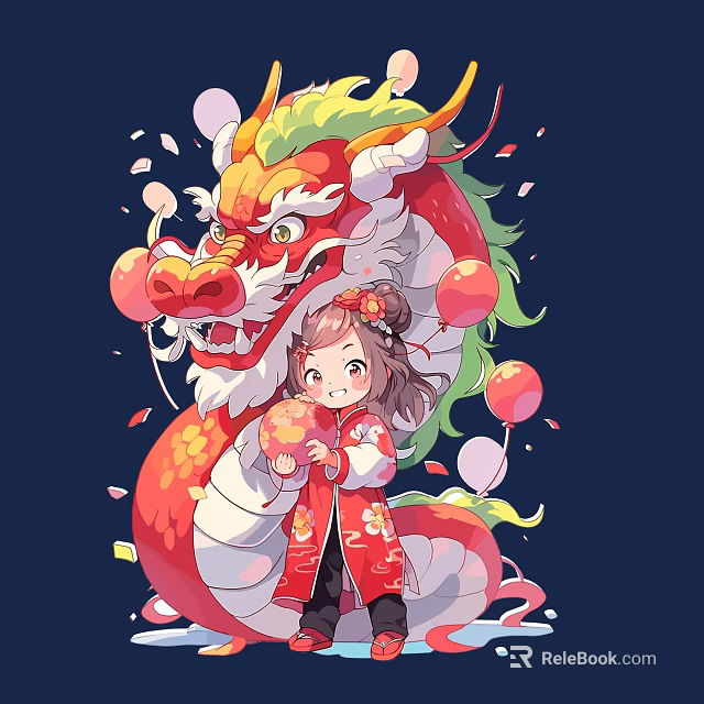 Game Movie Character Girl In Red Outfit With White Dragon Cherry Blossoms Balloons Falling Petals 3d model 
