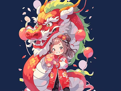 Game Movie Character Girl In Red Outfit With White Dragon Cherry Blossoms Balloons Falling Petals 3d model