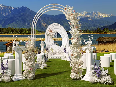 Scenic Garden Landscape With White Floral Archway Circular Ornament Pillars Lawn Lake And Mountain Backdrop 3d model