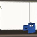 White Vertical Blinds In Minimalist Interior With Blue Chair And Green Plant