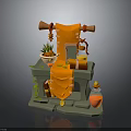 Decorative Furniture Shelf With Orange Cloth Scroll Potted Plant And Decorative Bottle