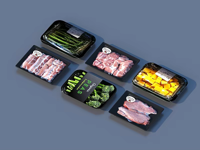 Assorted Fresh Packaged Food With Meat Vegetables And Fruits In Black Trays 3d model