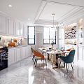 Elegant Restaurant Dining Area With Marble Table Green Orange Chairs White Cabinets And Wine Rack
