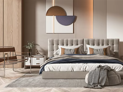 Modern Bedroom Interior Design With Gray Headboard Pillows Throw Blanket Nightstand And Wall Art 3d model