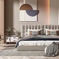 Modern Bedroom Interior Design With Gray Headboard Pillows Throw Blanket Nightstand And Wall Art
