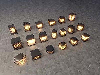 Various Styles Of Illuminated Outdoor Lights With Square And Round Designs On Gray Ground Surface 3d model