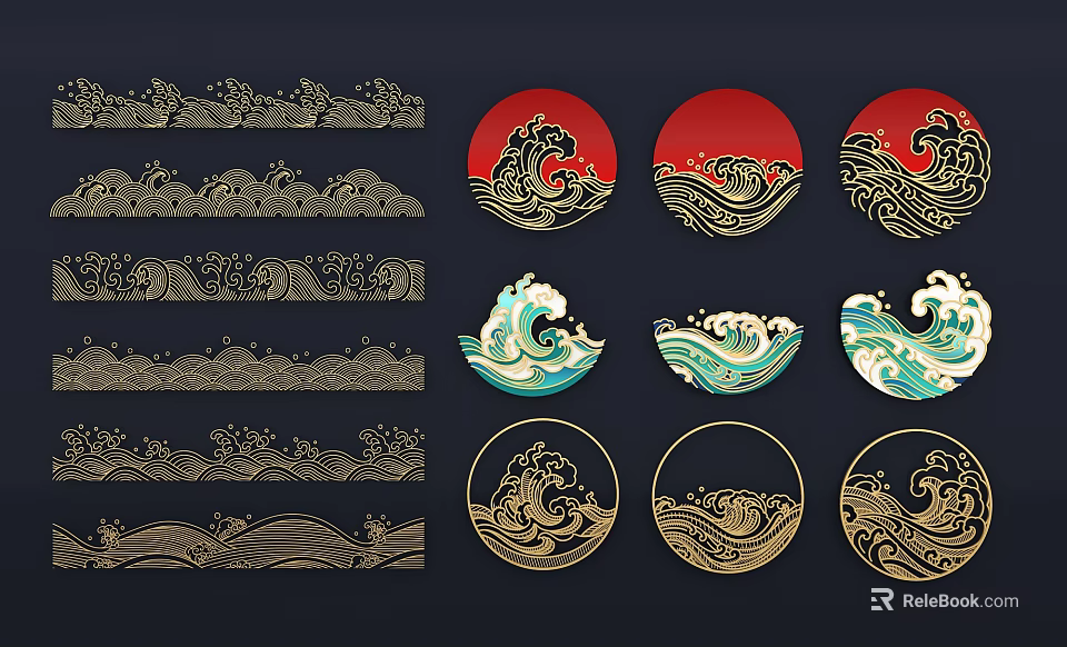 Traditional Wall Decor With Intricate Wave Patterns And Circular Red Blue Gold Designs 3d model 