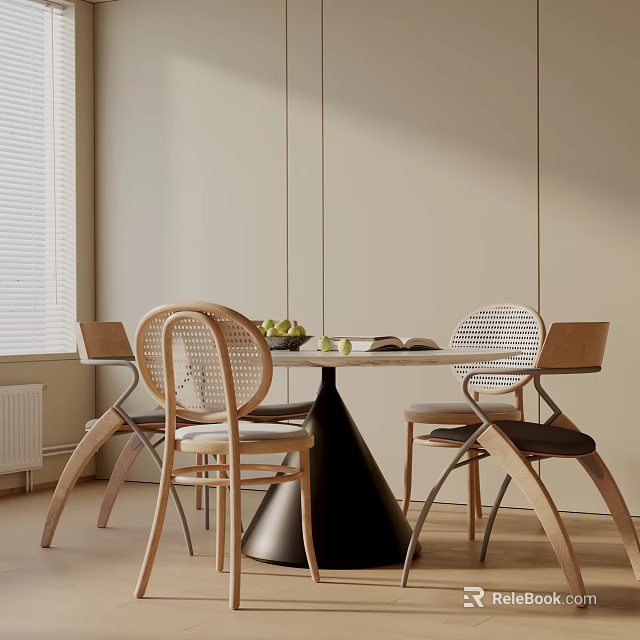 Modern Dining Table Set With Wooden Top Black Conical Base And Rattan Backrest Chairs 3d model 