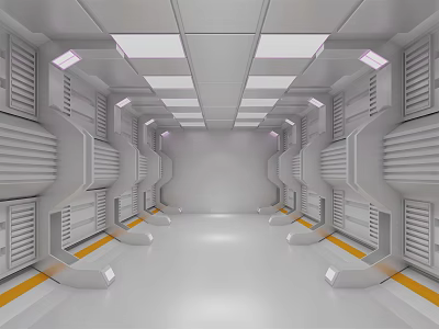 Spacious Bright Elevator Corridor With Gray Vents White Square Ceiling Lights And Yellow Floor Lines 3d model