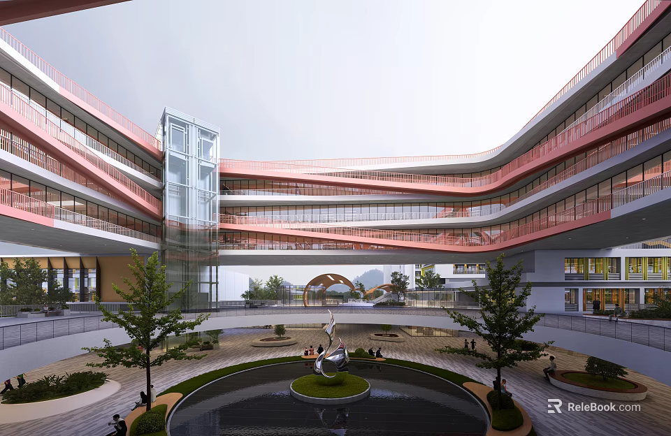 Modern Curved Architectural Complex With Central Courtyard Fountain Sculpture And Trees 3d model 