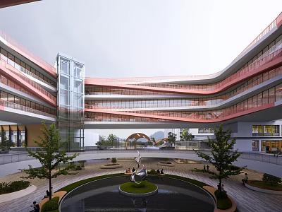 Modern Curved Architectural Complex With Central Courtyard Fountain Sculpture And Trees 3d model