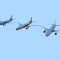 Three Passenger Planes Flying In Blue Sky With Blue White Orange And Gray Colors