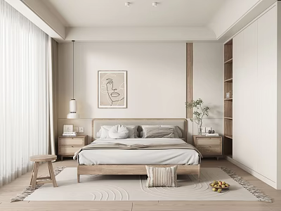 Modern Bedroom Interior With Wooden Bed Plush Pillows Light Curtains And Decorative Art 3d model
