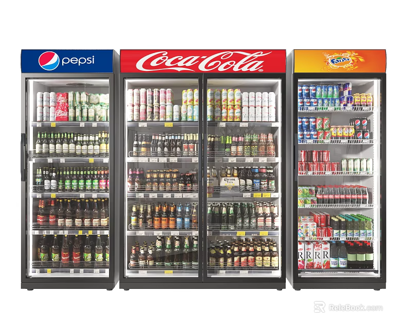 Commercial Beverage Display Refrigerators Stocked with Assorted Bottled and Canned Drinks 3d model