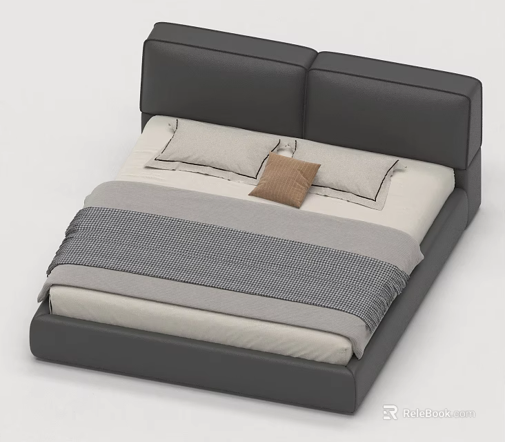 Modern Double Bed with Black Leather Headboard Light Sheets and Brown Cushion 3d model