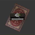 Dark Brown Piano On Red Patterned Rug With Photo Frame Small Plant And Music Sheet
