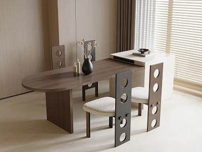 Modern Walnut Oval Dining Table With Cutout Back Chairs And Natural Light In Minimalist Room 3d model