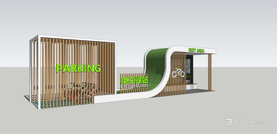 Modern Post Station With Wooden Structure Green Design And Parking Area 3d model 