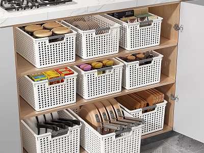 Kitchen Utensils Organized in Storage Baskets with Cans Spices and Knives in Cabinet 3d model