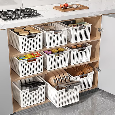Kitchen Utensils Organized in Storage Baskets with Cans Spices and Knives in Cabinet 3d model