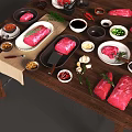Essential Kitchen Utensils Knife Bowls and Spices with Fresh Meat on Wooden Table