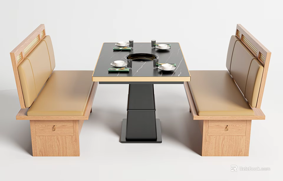 Beige Banquette Sofa Dining Set With Black Table Dinnerware And Circular Center 3d model 