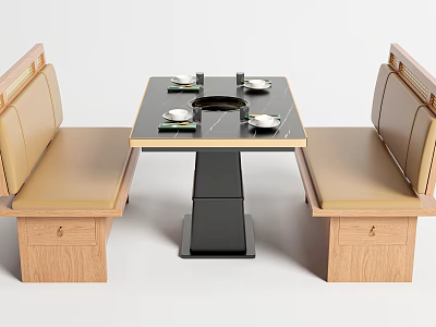 Beige Banquette Sofa Dining Set With Black Table Dinnerware And Circular Center 3d model
