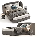 Modern Double Bed With Curved Upholstered Headboard Soft Pillows Knit Blanket And Side Table