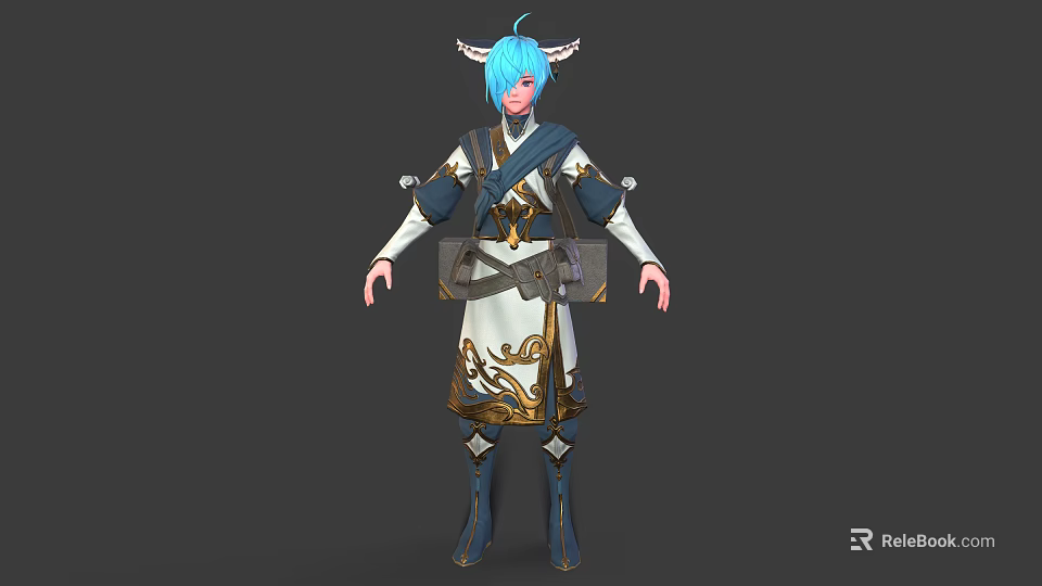 Fantasy Character With Horned Creature Features Blue Hair And Golden Patterned Traditional Outfit 3d model 