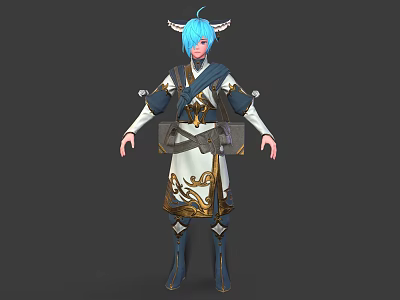 Fantasy Character With Horned Creature Features Blue Hair And Golden Patterned Traditional Outfit 3d model