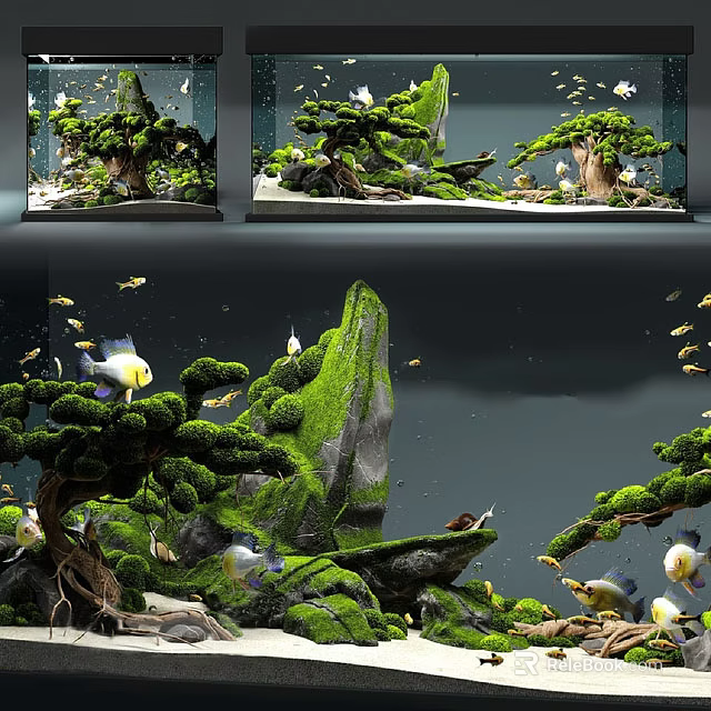 Natural Aquarium Tank With Moss Covered Rocks Pine Tree Decorations And Swimming Fish 3d model 