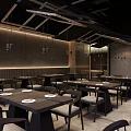 Modern Restaurant Interior Design With Tables Chairs Ceiling Lighting And Street View